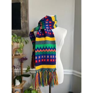 Vintage 90s Colorful Art to Wear Striped Fringe Long Knit Neck Scarf